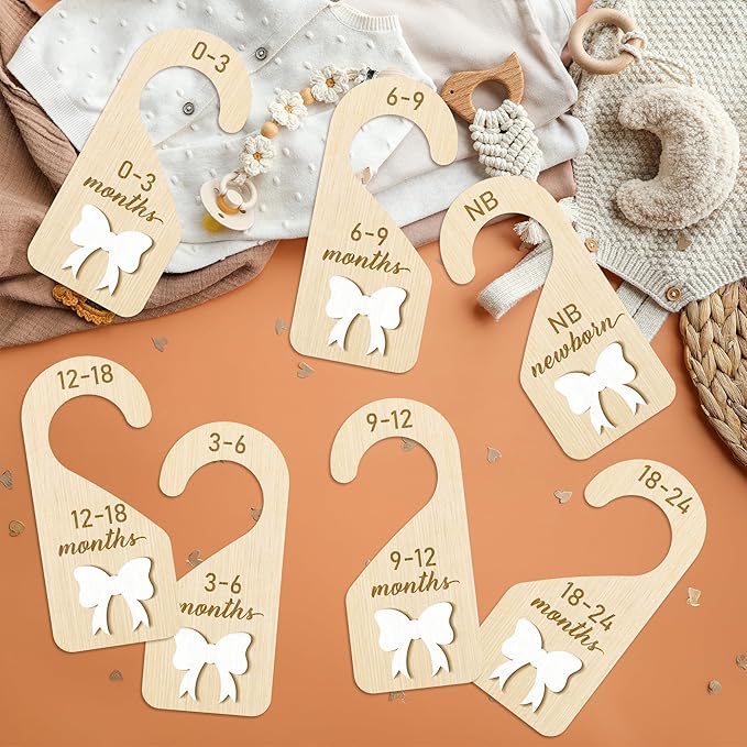 R HORSE Wooden Baby Closet Dividers - 3D Coquette White Bow Baby Closet Organizer, 8Pcs Double-Sided Newborn Clothes Size Hanger Dividers, Nursery Decor Birthday Gift for Boy Girl (0-24 Months)