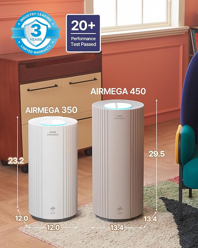 COWAY Air Purifiers for Large Room Whole Home Up to 2,640ft², True HEPA Filter for Smoke, Allergies, Pet Dander, Odor, PM 10 AQI, Turbo Eco Mode, Timer, Energy Star, 3yr Warranty, Airmega 350 Beige
