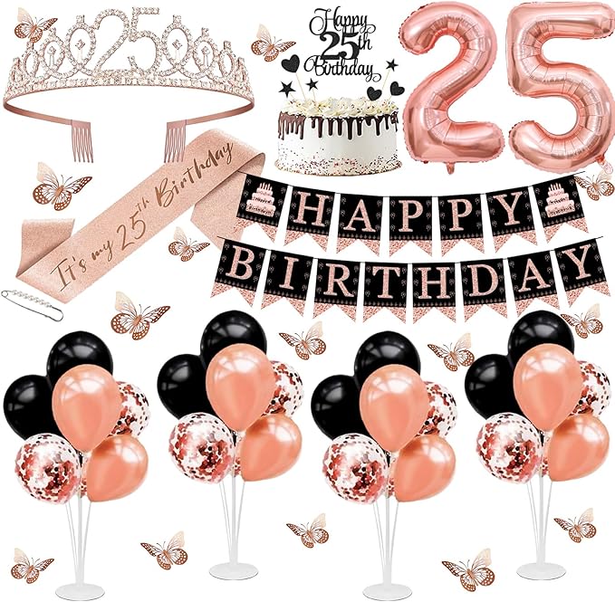 25th Birthday Decorations for Women - 56pcs Rose Gold Happy 25th Banner, Rhinestone Crown & Sash, Cake Topper, 40 Balloons, 3D Butterflies & 4 Balloon Stands (25)