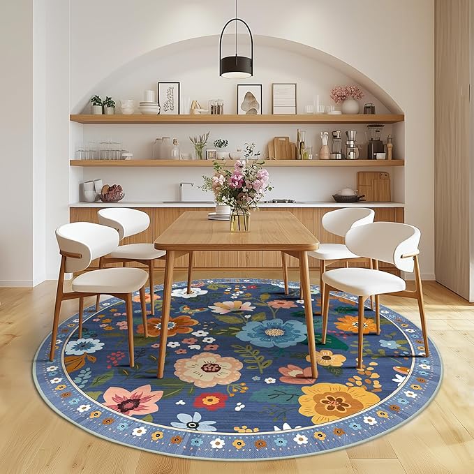 Floral 6ft Area Rug Machine Washable Soft Print Boho Carpet Non Slip Doormat Low Pile Flower Area Rugs for Living Room Bedroom Nursery Kitchen Dining Room Indoor-Blue/Grey
