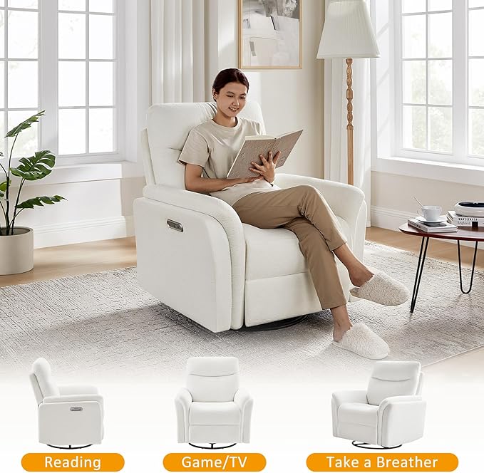 Power Recliner Chair Swivel Glider, Electric Rocking Recliner Chairs with USB and Type-C Ports, Nursery Chair Recliner for Living Room, Bedroom, Apartment（White）