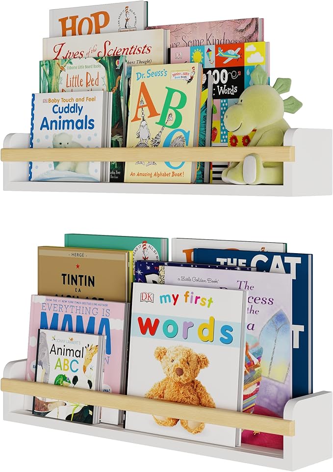 Wallniture Florida 24 inch Wall Bookshelf for Kids Room, Floating Shelves Nursery Decor, Wood White Wall Shelf Set of 2, Kitchen, Bathroom Decor (24'')