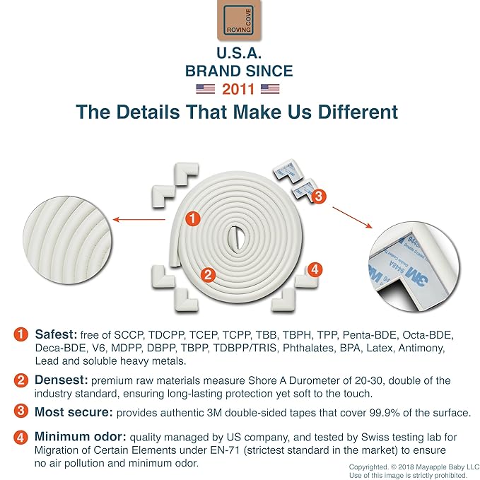 Roving Cove HeftyFit Edge Corner Protector Baby Proofing (Large 18ft Edge 8 Corners), Heavy-Duty, Soft NBR Rubber Foam, Furniture Fireplace Safety Bumper Guard, 3M Adhesive, Oyster White (Off White)