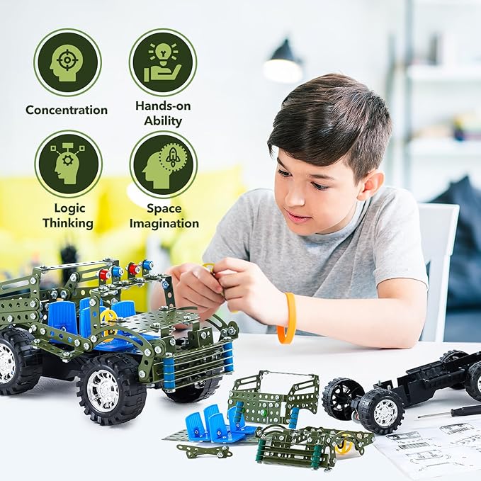 Stem Toys for Boys Age 8-12 - Off-Road Metal Model Car Kits, 283pcs Stem Building Toys Kits, Army Toy for 8-10，STEM Projects for Kids 10-12, 12-14 Engineering Gifts for Ages 14 and Up Adults