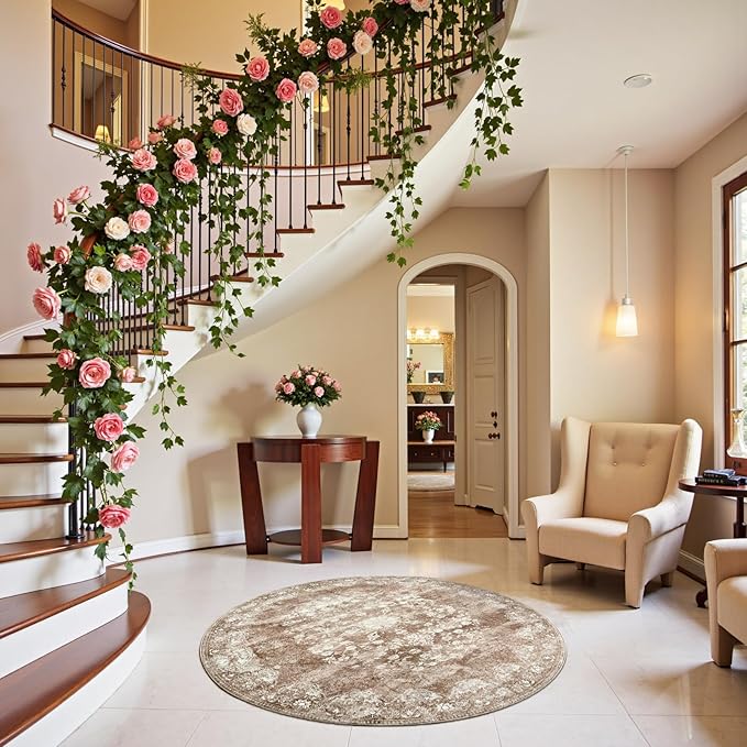 jinchan Round Rug 4ft Area Rug - Brown Vintage Floor Mat Kitchen Indoor - Washable Circle 4' Thin Floral Print Carpet Retro Farmhouse Non Slip Dining Room Living Room Bedroom Office