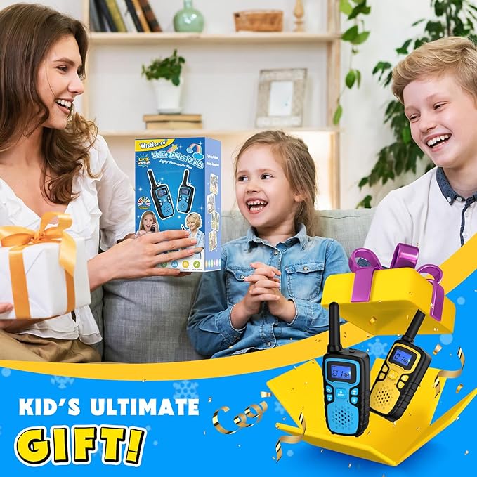Wishouse Walkie Talkies for Kids Rechargeable Long Range,Xmas Birthday Gift for 4 5 6 7 8 9 Year Old Boys Girls,Hiking Gear Camping Games Cool Toys with NOAA,SOS Siren,Lamp,Lanyards,2 Pack Blue Yellow