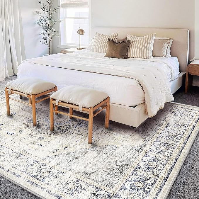 Washable Area Rug 9'x12' Floral Blue Boho Design Non-Shedding Easy Care Ideal for High Traffic Areas in Living Room Bedroom Office Coffee Table Kitchen Large Carpet