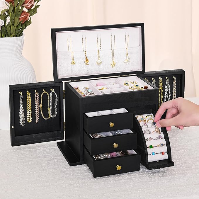 Jewelry Box Organizer, Solid Wood Jewelry Boxes for Women, Double Layer Jewelry Organizer Box Display Earring Necklace Bracelet Ring, Rustic Style Small Jewelry Box for Girls (Black)