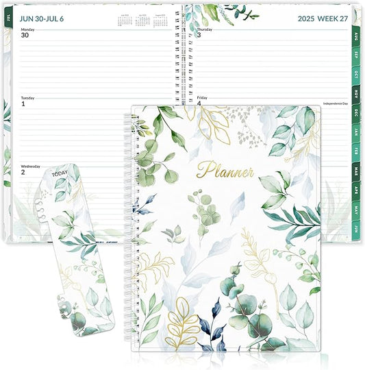 SUNEE Academic Planner 2025-2026 Weekly and Monthly, July 2025-June 2026, 8.5"x11", Tabs, Note Pages, Pockets, Bookmark, Flexible Cover, Spiral Binding, Greenery