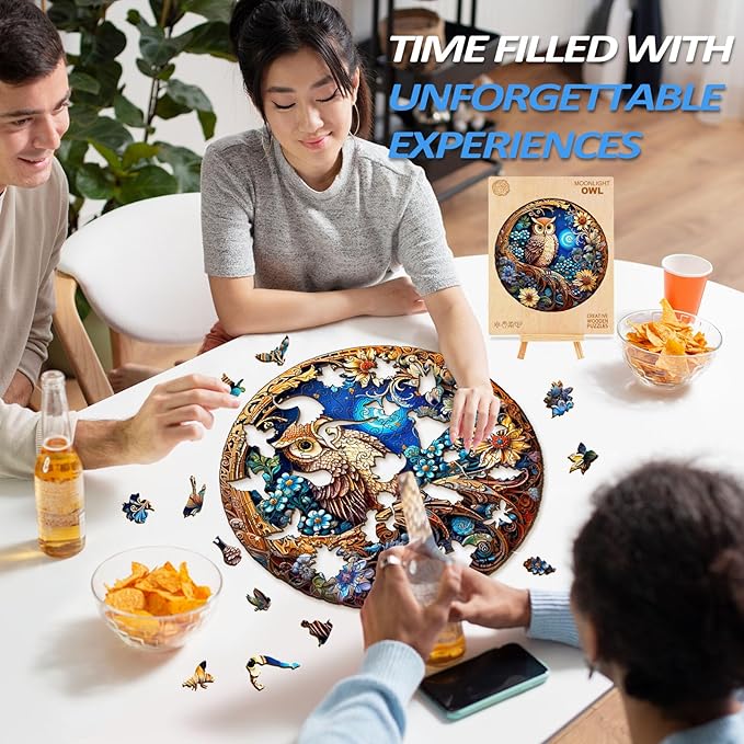 masseruon Wooden Puzzle for Adults-Moonlight Owl, Unique Shaped Jigsaw Puzzles(S, 100pieces, 8.4x8.4in), Beautiful Animal Owl Jigsaw Wood Puzzles Adult, Family Puzzle Game Christmas Birthday Gift