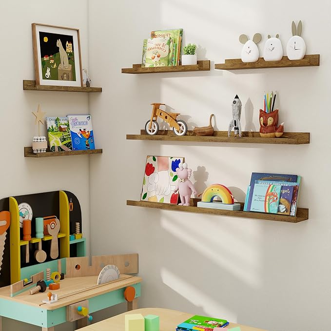 Axeman Picture Ledge Shelf, Floating Shelves for Wall Decor Set of 6, 55 inch Floating Wall Mounted Shelves, Shelves with Lip for Living Room, Bedroom, Nursery, Bathroom, Kitchen, Rustic Brown