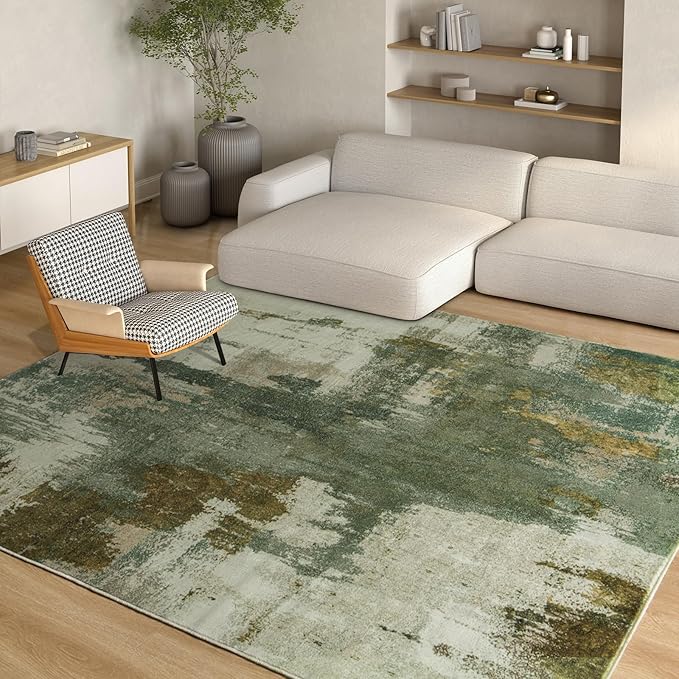 Kelarea Living Room Rug, 4x6 Rug Modern Abstract Washable Rugs Green Faux Wool Vintage Carpets, Non Slip Rugs for Bedroom, Dining Room, College Dorm, Kids Playroom, Home Office