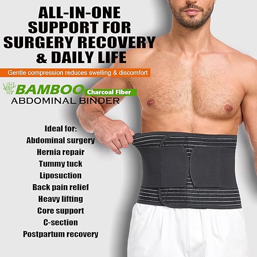 Abdominal Binder for Men and Women – Post Surgery & Postpartum Recovery Hernia Support Belt Waist Trainer for Men Adjustable Compression Wrap (Black,L)