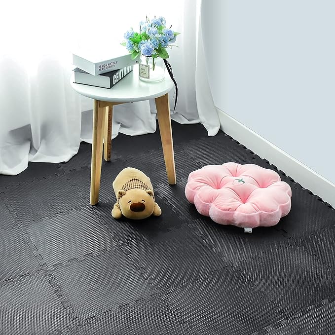 qqpp EVA Rubber 18 Tiles Interlocking Puzzle Foam Floor Mats - Baby Play Mat for Playing | Exercise Mat for Home Workout. Black. QC-Db18N
