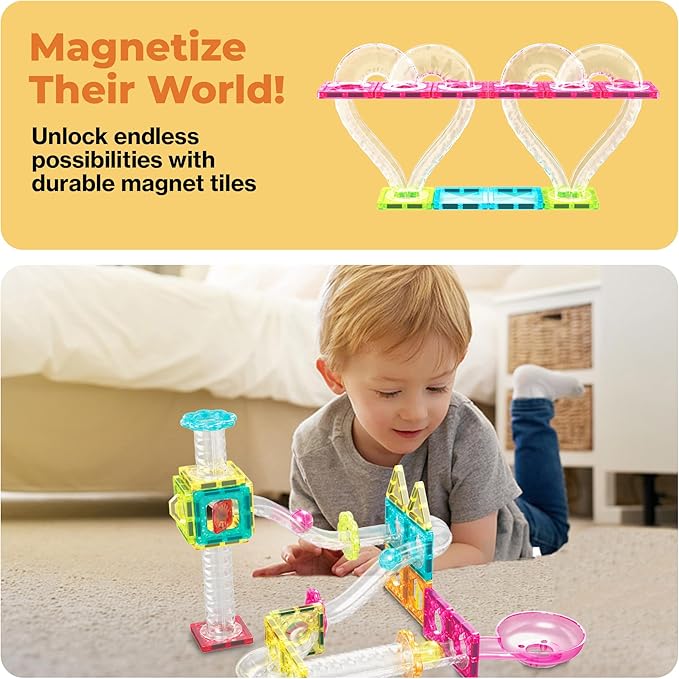 PicassoTiles Magnet Tiles Building Block Travel Size Magnetic Marble Run Construction Toy Set Mini Diamond Marble Racetrack Building Blocks Playset Education STEM Learning Kit Boy Girl 3+ PTMG45