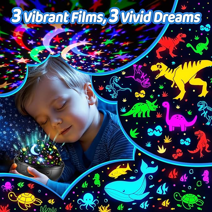 COOLNIGHT Night Light for Kids, 93 Lighting+3 Films Kids Night Light Projector, Remote+Dimmable Star Projector, 360°Slient Glow in The Dark Stars for Ceiling, Gift for 3-8