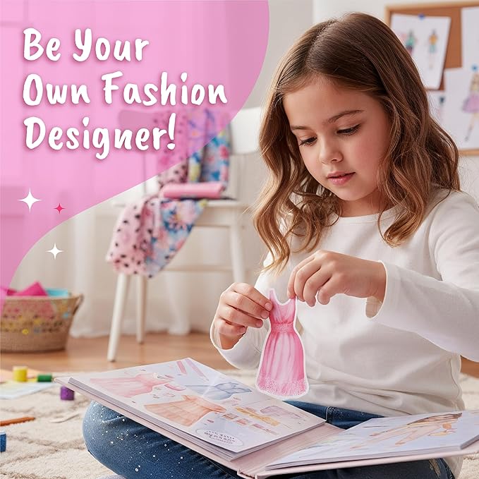 BSCOOL Fashion Studio Drawing, Coloring & Little Designer Creativity Book for Kids 4 and Up with Stickers, Stencils, Textures - Creative Fashion Design Sketchbook for Girls