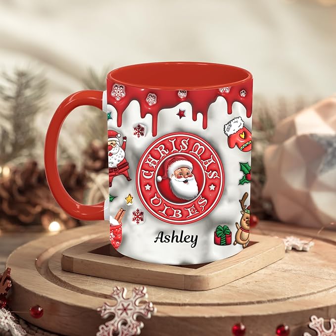 Personalized 3D Effect Christmas Accent Mugs with Names, Santa Claus Coffee Mug, Custom Reindeer Mug Christmas Gifts For Women Men Friends Sister Mom Family Xmas Mug 11 or 15 Oz