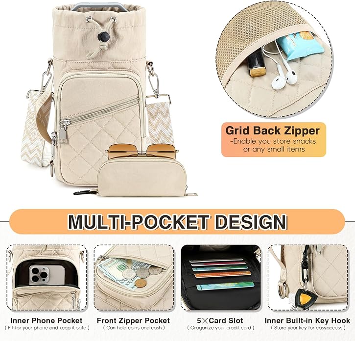 Water Bottle Carrier Bag with Strap, Water Bottle Holder Crossbody Bags for Women Men for Walking, Hiking,Cycling