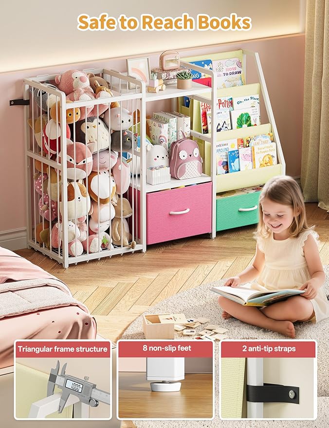 Kids Bookshelf and Toy Storage, Large 3 Tier Book Shelf for Kids Rooms, Sling Baby Bookcase with Stuffed Animal Storage, Toddler Montessori Bookshelf for Nursery, Playroom, Kindergarten
