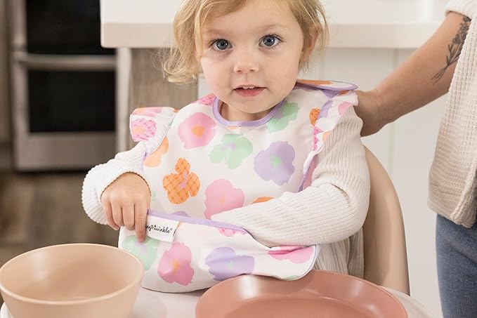 Tiny Twinkle Mess-Proof Baby Bib - Waterproof Bib for Baby Girl - Machine Washable - Adjustable Closure - PVC, BPA, & Phthalate Free - Great for Travel - Baby Food Bibs (3 Pack, Floral Pop)