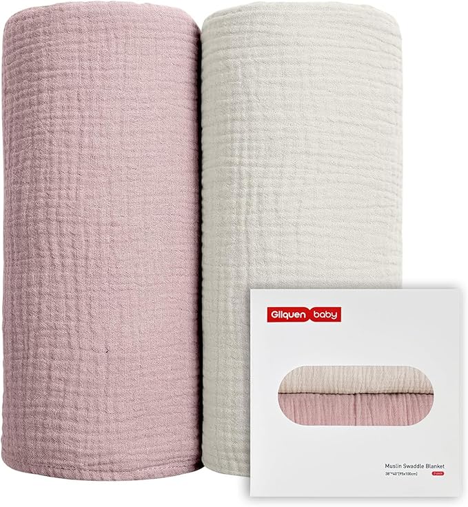 GLLQUEN BABY Muslin Swaddle Blankets for Girls, 2-Pack Organic Baby Blankets for Girl Boy, Newborn Receiving Blanket, Baby Swaddle Blanket Unisex, Baby Essentials, Registry & Gift, 40 x 38 inches