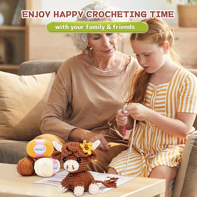 Mewaii Crochet Kit for Beginners Level 3 with 40% Extra Eco-Friendly Pre-Started Easy Yarn, Step-by-Step Video Tutorials for Adults and Kids (Highland Cow)
