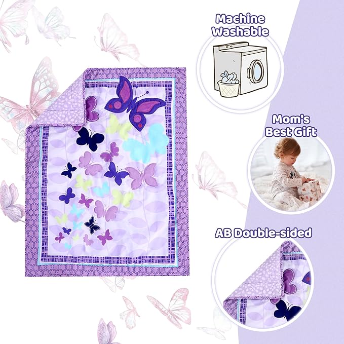 Wowelife Butterfly Mini Crib Bedding Set, 3 Piece Baby Bedding Set Butterfly, Mini Crib Nursery Bed Set, Breathable and Soft with Sheet Sets for Baby Girl, Purple