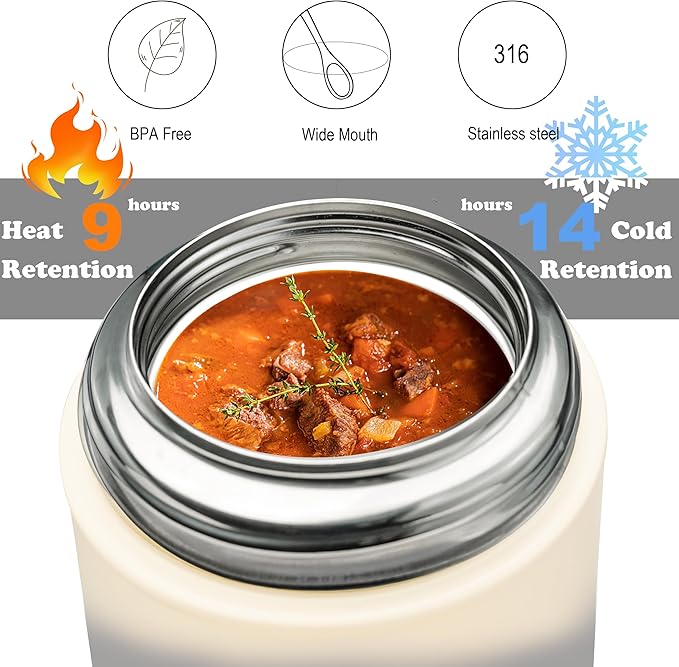 Soup Thermo for Hot Food & Drinks, Thermo Lunch Box for Kids, 17oz Vacuum Insulated Food Container with Spoon&&Drawstring Bag, Soup Therm for Adults,Black&White