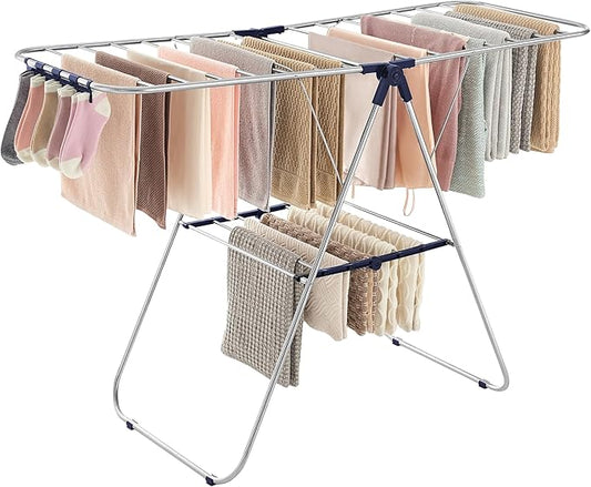 SONGMICS Clothes Drying Rack, with Sock Clips, Metal Laundry Rack, Foldable, Space-Saving, Free-Standing Airer, with 2 Height-Adjustable Gullwings, Indoor Outdoor Use, Silver and Blue ULLR52BU