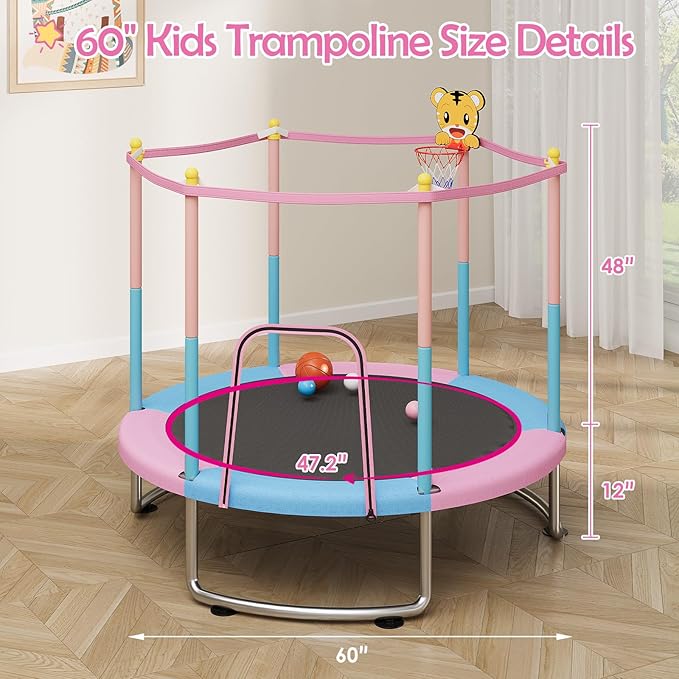 Kids Trampoline with Safety Net – 440lbs Capacity, Upgraded Rust-Proof Ring Legs, Adjustable Gymnastics Bar & Toys – Indoor Outdoor Toddler Trampoline for Boys & Girls Ages 1-8