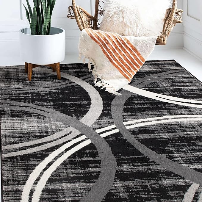 Rugshop Modern Wavy Circles Design Area Rug 7'10" x 10'2" Black