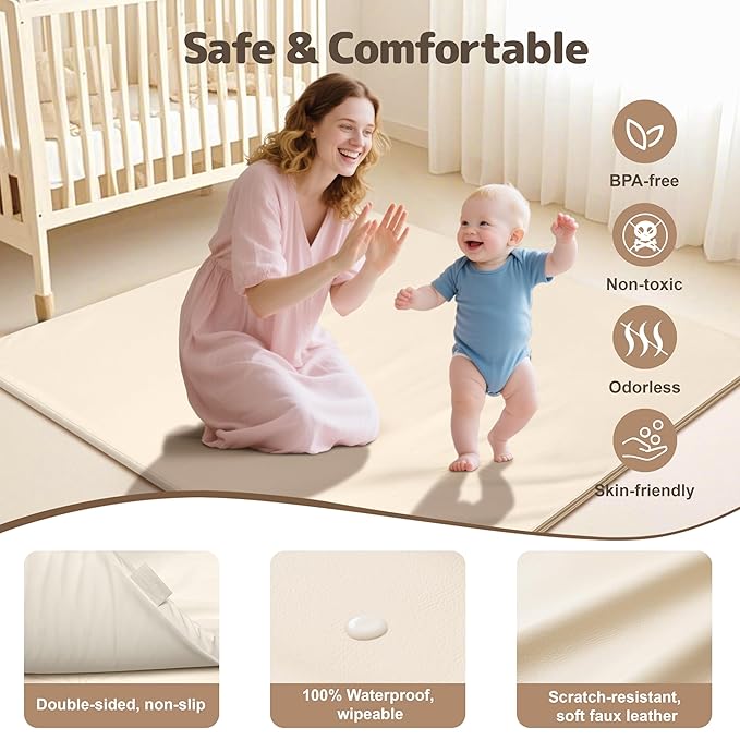 Baby Play Mat 47x47 Inches, Extra Thick 1.2" Foam Floor Mat for Tummy Time & Crawling, Waterproof Non-Slip Faux Leather Playpen Mat for Infants Toddlers, Indoor Outdoor Gym Activity, Beige