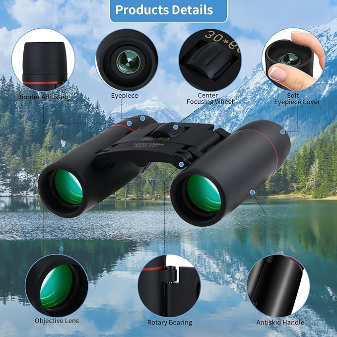 Compact 30x60 Binoculars for Adults,Suitable for Adults and Children Bird Watching Travel Sightseeing, Waterproof Lightweight Small Binoculars, with Clear Low-Light Vision