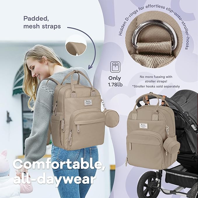 RUVALINO Diaper Bag Backpack-Multifunction Baby Travel Bag with Changing pad, Insulated Bottle Holders & Pacifier Case, Large Capacity, Waterproof, Clay