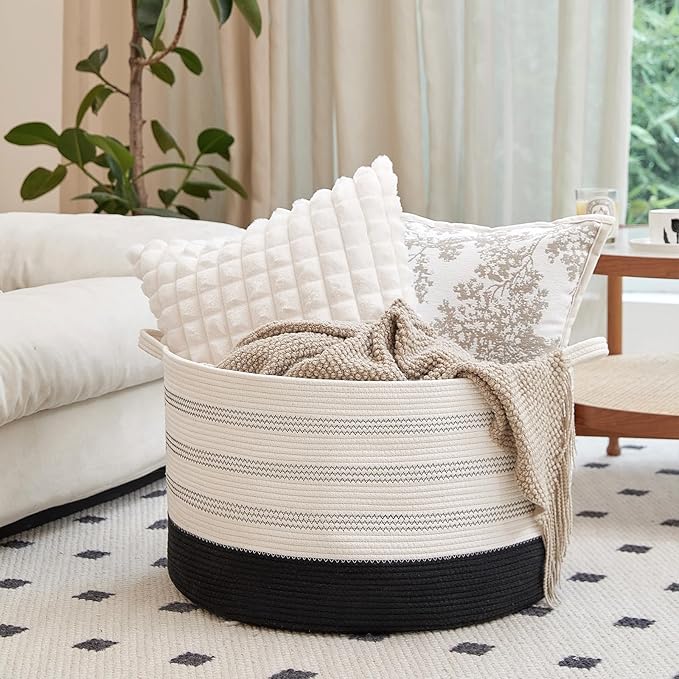 XXXLarge Cotton Rope Basket 22" X 22"X 14" Blanket Basket for Living Room Woven Basket Soft Baby Laundry Blanket Basket Nursery Bin Toy Basket with Handle White+Black