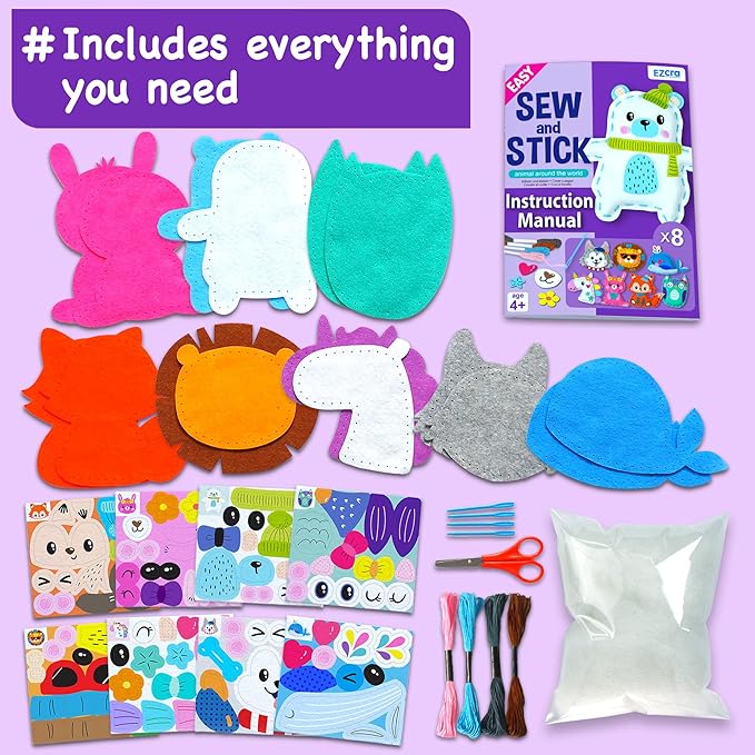 EZCRA Unicorn Sewing Kit for Kids - 8-in-1 Kids Sewing Kit - Easy to Do Craft Kits for Ages 4-8 - Sewing Crafts - Extra Felt Stickers for Decoration - No Mess with Full Instructions