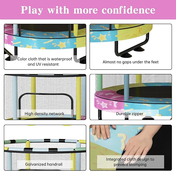 LAMERGE 55" 7-in-1 Round Trampoline for Kids Boys & Girls Ages 1-8, Indoor & Outdoor Trampoline for Fun, Adjustable Height Handrail ＆ Enclosed Safety Net ＆ Durable Designs for Toddlers Children