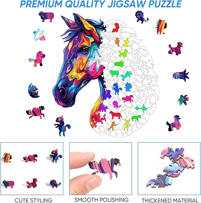 Wooden Puzzles for Adults, Horse Liberty Cool Wooden Jigsaw Puzzles(10.8 * 12.6in-200pcs), Unique Shape Animal Adult Pieces, Irregular Wood Puzzles Best Gift for Adults and Kids Family Game