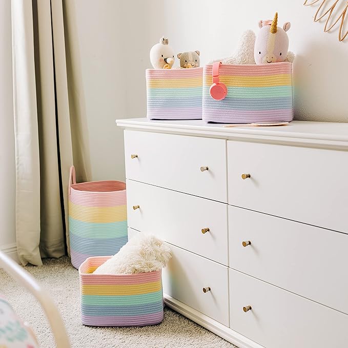 OrganiHaus Rope Rainbow Storage Baskets for Shelves | Rainbow Baskets for Pastel Classroom Decor | Baby Basket for Pastel Room Decor | Pastel Rainbow Storage Bins Colorful Baskets for Baby Room