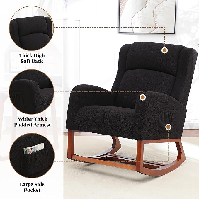 Rocking Chair Nursery, Nursing Rocking Chairs for Mom Nursery, Comfy Wingback Glider Rocking Armchair with Foot Rest and Side Pocket for Nursery Living Room Bedroom, Walnut Black