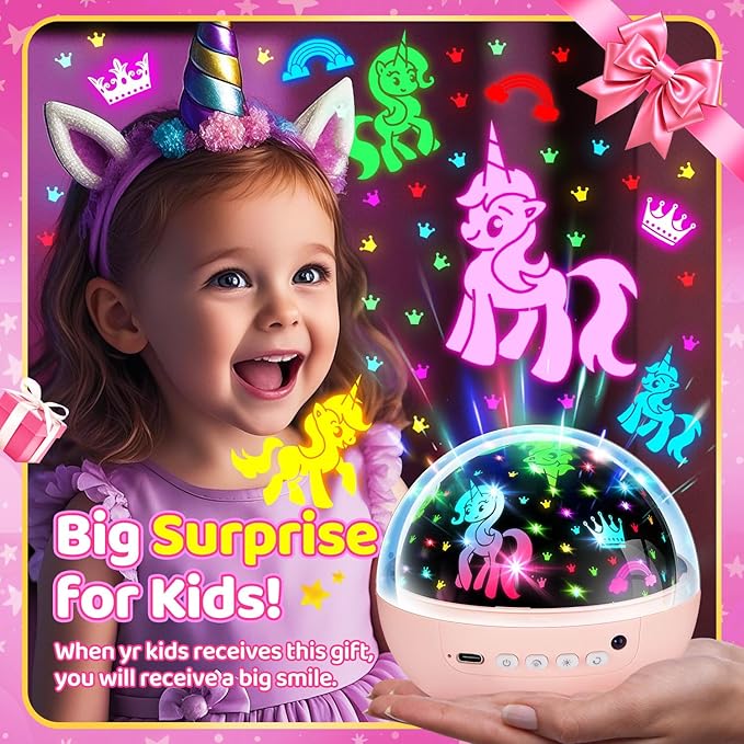 Unicorn Night Light for Girls, Unicorn Room Decor for Girls Bedroom, Star Projector, Remote+Dimmable Little Mermaid Toys, 360° Silent Rotation, Princess Night Light
