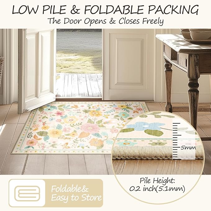 Floral 2x10 Area Rug Machine Washable Soft Print Boho Carpet Non Slip Doormat Low Pile Flower Area Rugs for Living Room Bedroom Nursery Kitchen Dining Room Indoor-Beige/White/Orange