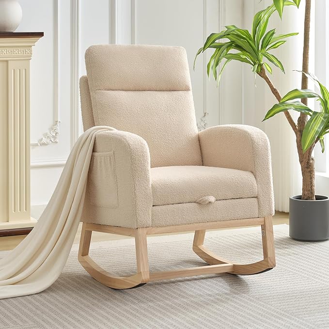 Rocking Chair Nursery, Nursing Rocking Chairs with Foot Rest for Mom Nursery, Rocker Glider Chair with High Backrest for Living Room, Bedroom, Upholstered Lounge Chair with Solid Wood Base for Relaxin