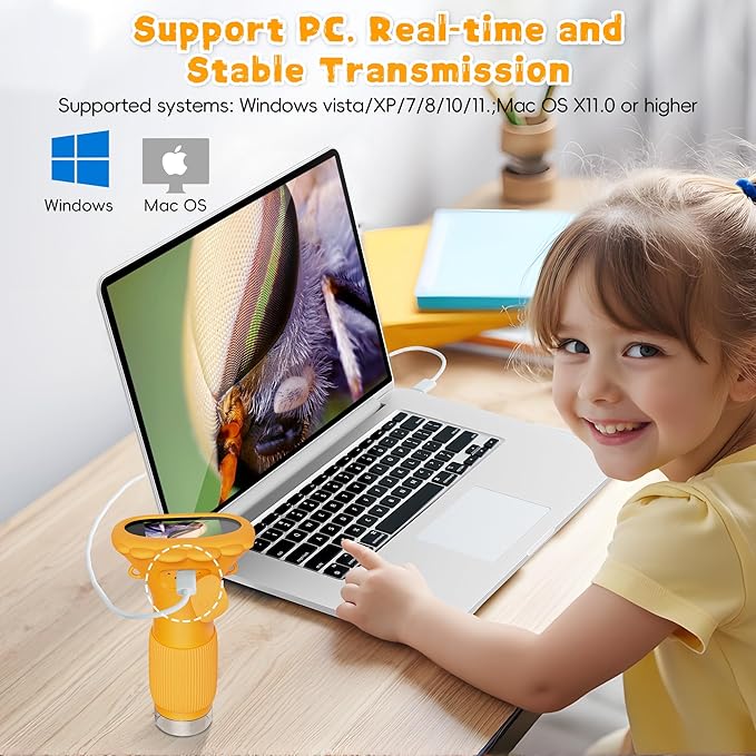 Microscope for Kids, Ahalfcit Microscope with 2'' Inch Screen -1000X Zoom Portable Camera, Birthday for 3 4 5 6 7 8 9 0 11 12 Years Old Kids,Science Educational Toys - Yellow