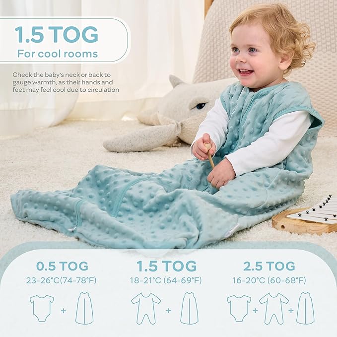 JELLYMONI Fleece Baby Sleep Sack 12-18 Months, 1.5 Tog Warm Winter Baby Wearable Blanket with Plush Dots and 2-Way Zipper, Cotton Toddler Sleep Sack