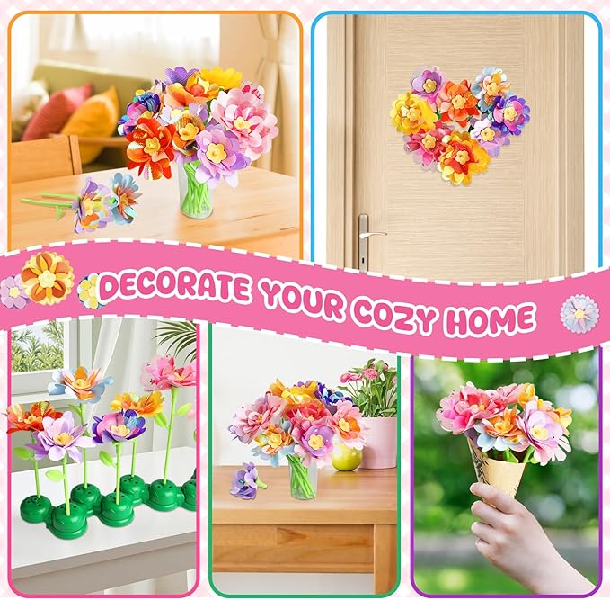 Einailvk Fabric Flower Bouquets Toys, DIY Flower Making Kit for Kids 3 4 5 6 7 8 9 10 11 12 Year Old Girl Birthday Christmas Gift, Art and Crafts Kit Toys for Girls 3-12 Year Old (Pink)