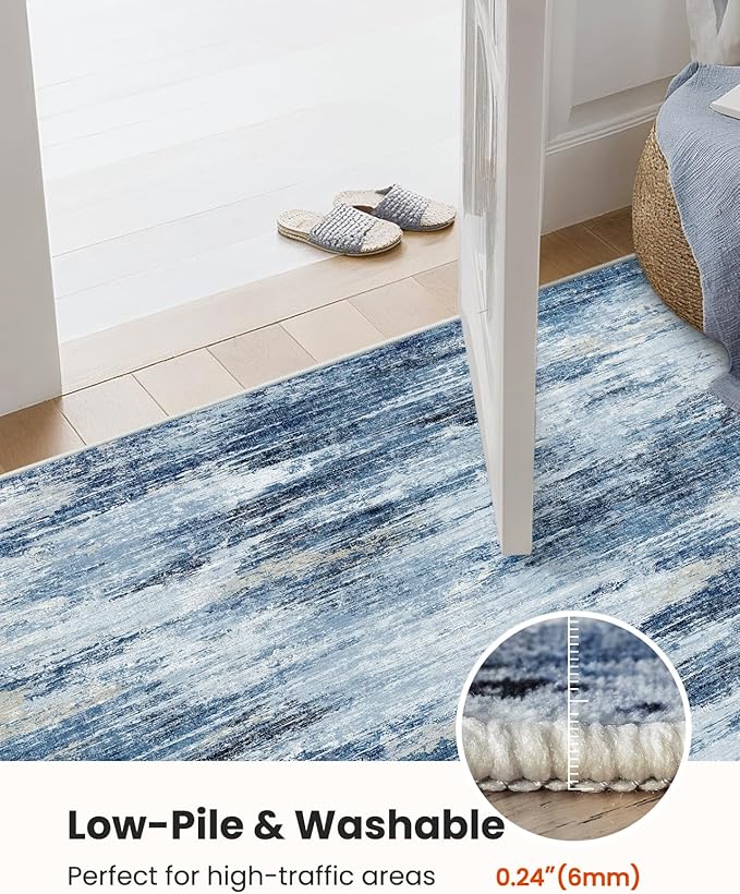 Amada 6x9 Washable Area Rug, Modern Abstract Living Room Rug with Non-Slip Backing & Short Pile, Large Rug with Abstract Pattern for Living Room, Bedroom and Dinning Room, Blue