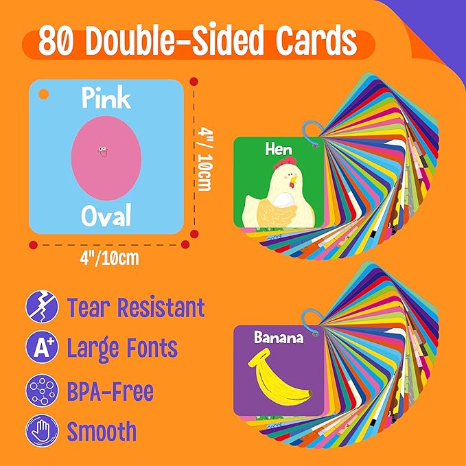 80 PCS Word Flashcards, Double Sided First Word Cards- Alphabet, Numbers, Foods, Animals, CVC Words, Colors & Shapes with 4 Reclosable Rings, Early Learning Tool for Pre-K Kindergarten Toddlers