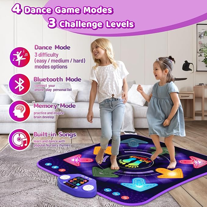 Dance Mat Toys for 3-12 Year Old Girls Boys, Dance Pad with Light Up 8-Buttons & Bluetooth, Music Dance Game with 7 Game Modes, Christmas Birthday Gifts for 3 4 5 6 7 8 9 10+ Year Old Girls Boys
